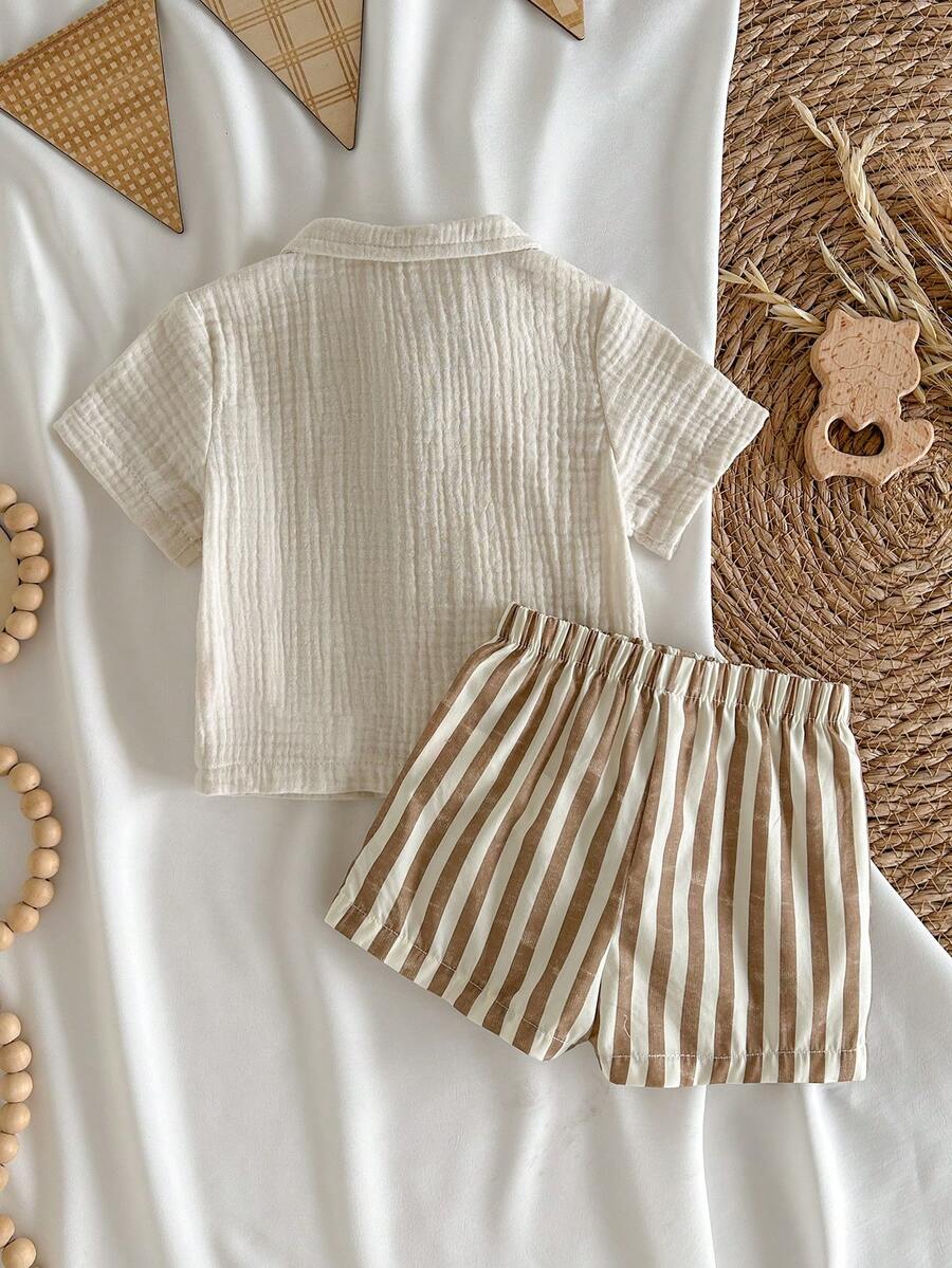 Baby Boys Muslin Collar Shirt & Striped Shorts Set - Ivory