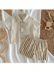 Baby Boys Muslin Collar Shirt & Striped Shorts Set - Ivory