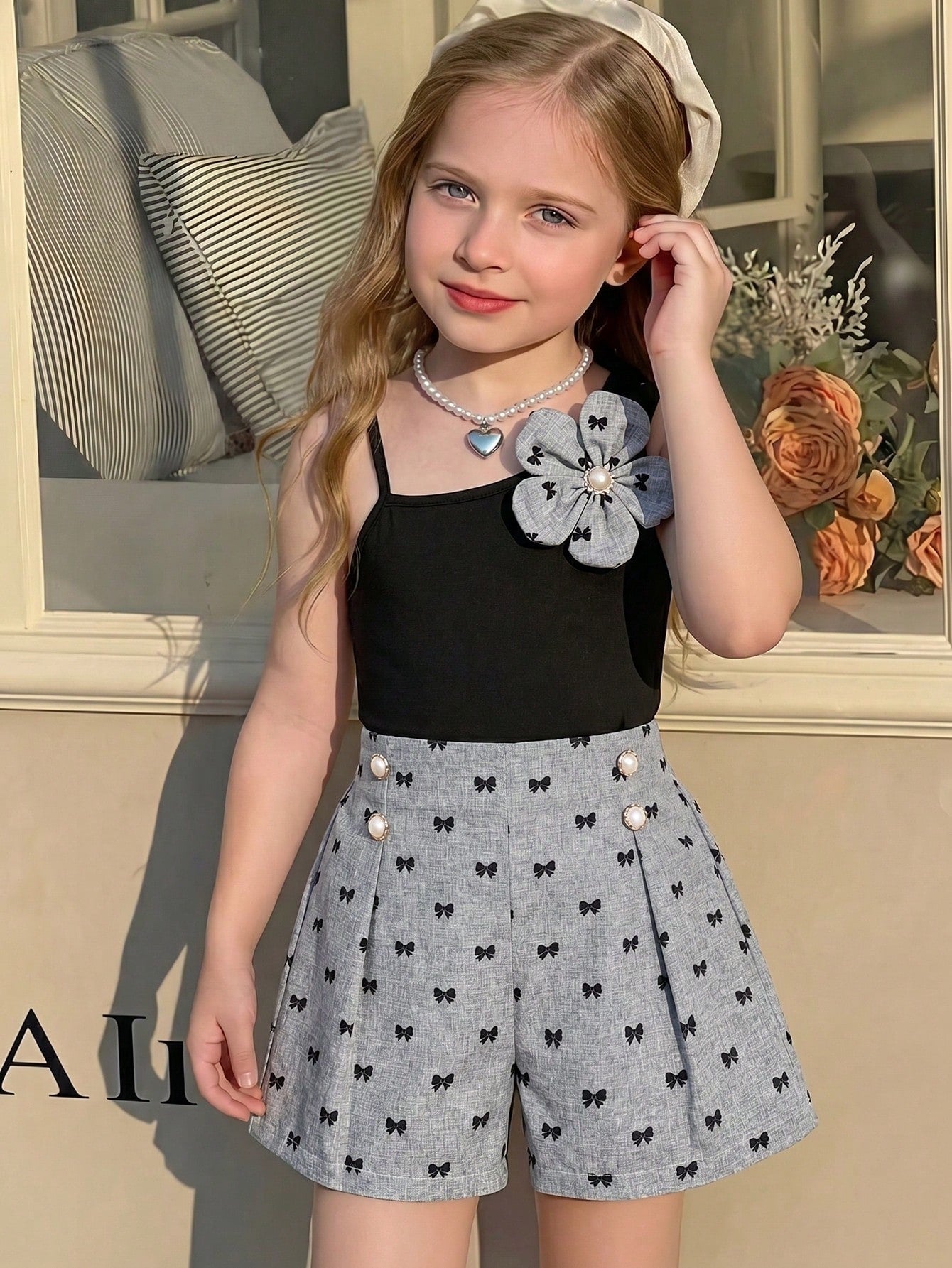 2pcs Big Girls Asymmetric Camisole & Bow-Print Shorts Set - Slate |...