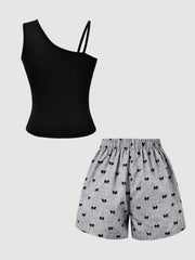 2pcs Big Girls Asymmetric Camisole & Bow-Print Shorts Set - Slate |...