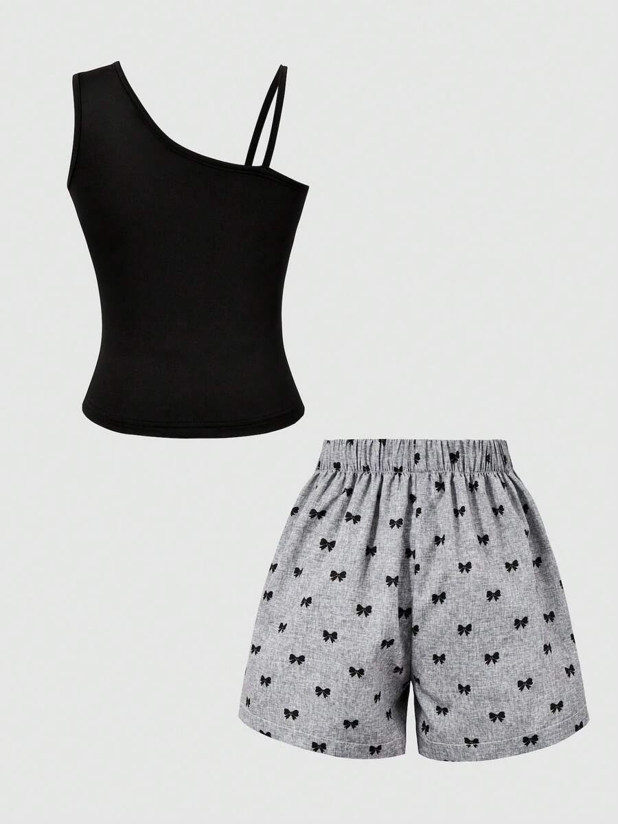 2pcs Big Girls Asymmetric Camisole & Bow-Print Shorts Set - Slate |...