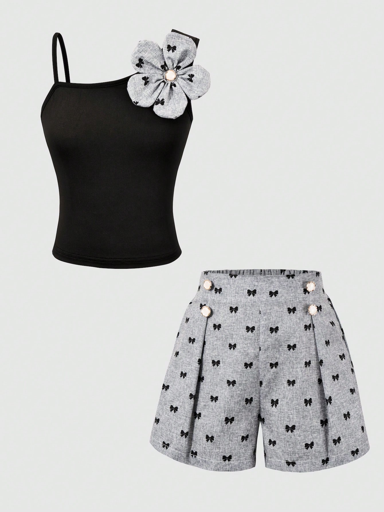 2pcs Big Girls Asymmetric Camisole & Bow-Print Shorts Set - Slate |...
