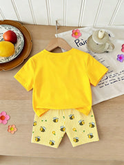 2pcs Little Girls Bee Print T-Shirt & Striped Shorts Set - Buttercu...
