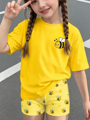 2pcs Little Girls Bee Print T-Shirt & Striped Shorts Set - Buttercu...