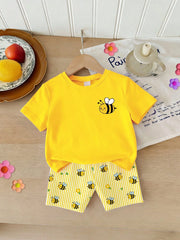 2pcs Little Girls Bee Print T-Shirt & Striped Shorts Set - Buttercu...