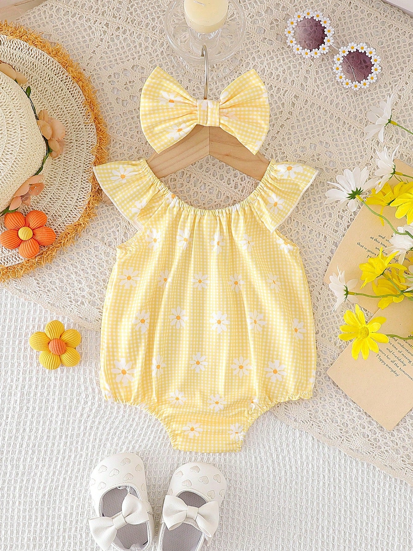 Girls Daisy Gingham Flutter Sleeve Romper Set - Buttercup