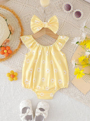 Girls Daisy Gingham Flutter Sleeve Romper Set - Buttercup