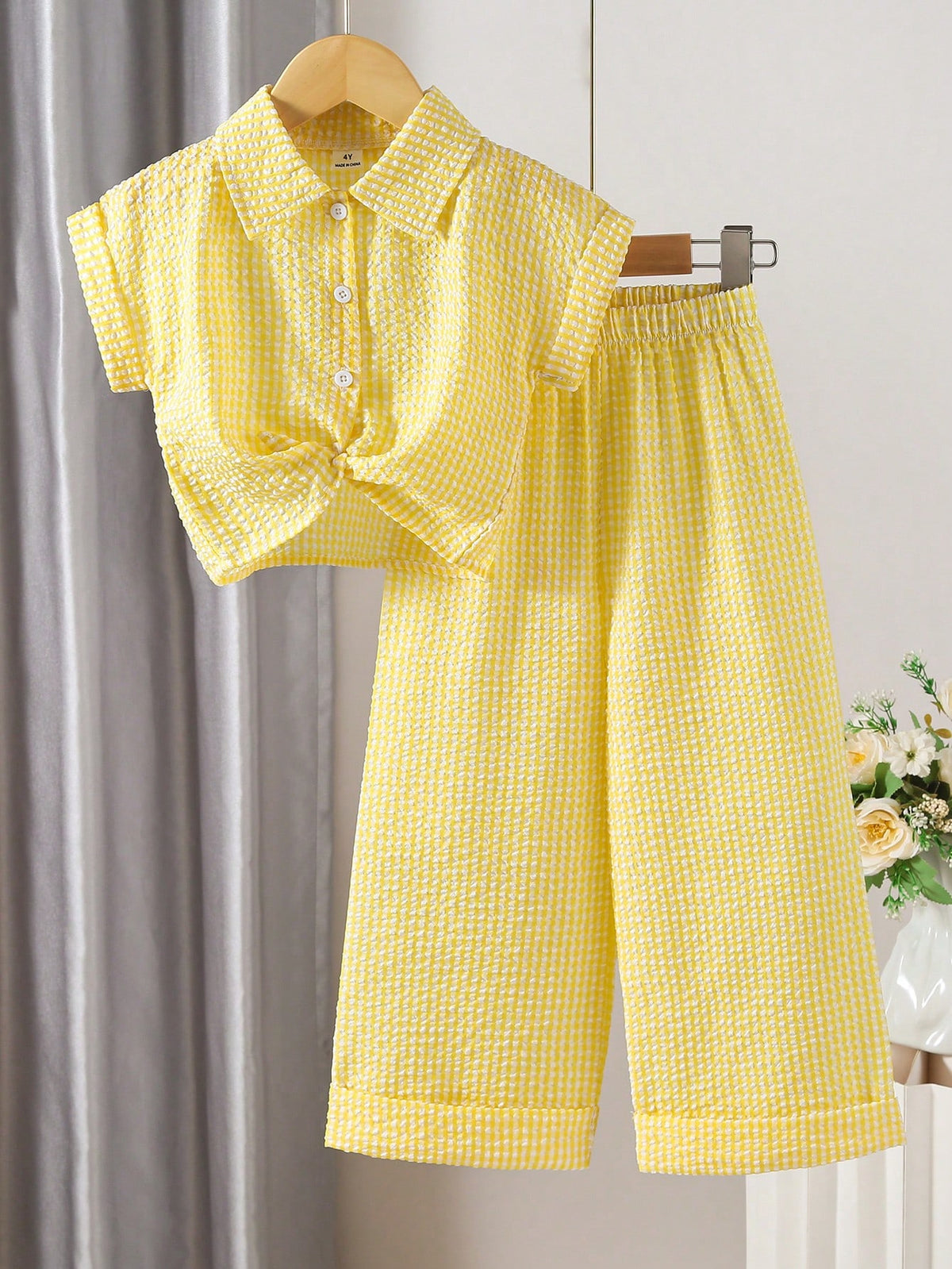 2pcs Little Boys Gingham Seersucker Shirt & Wide-Leg Pants Set - Buttercup