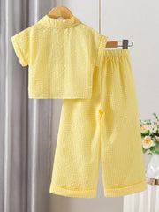 2pcs Little Boys Gingham Seersucker Shirt & Wide-Leg Pants Set - Buttercup