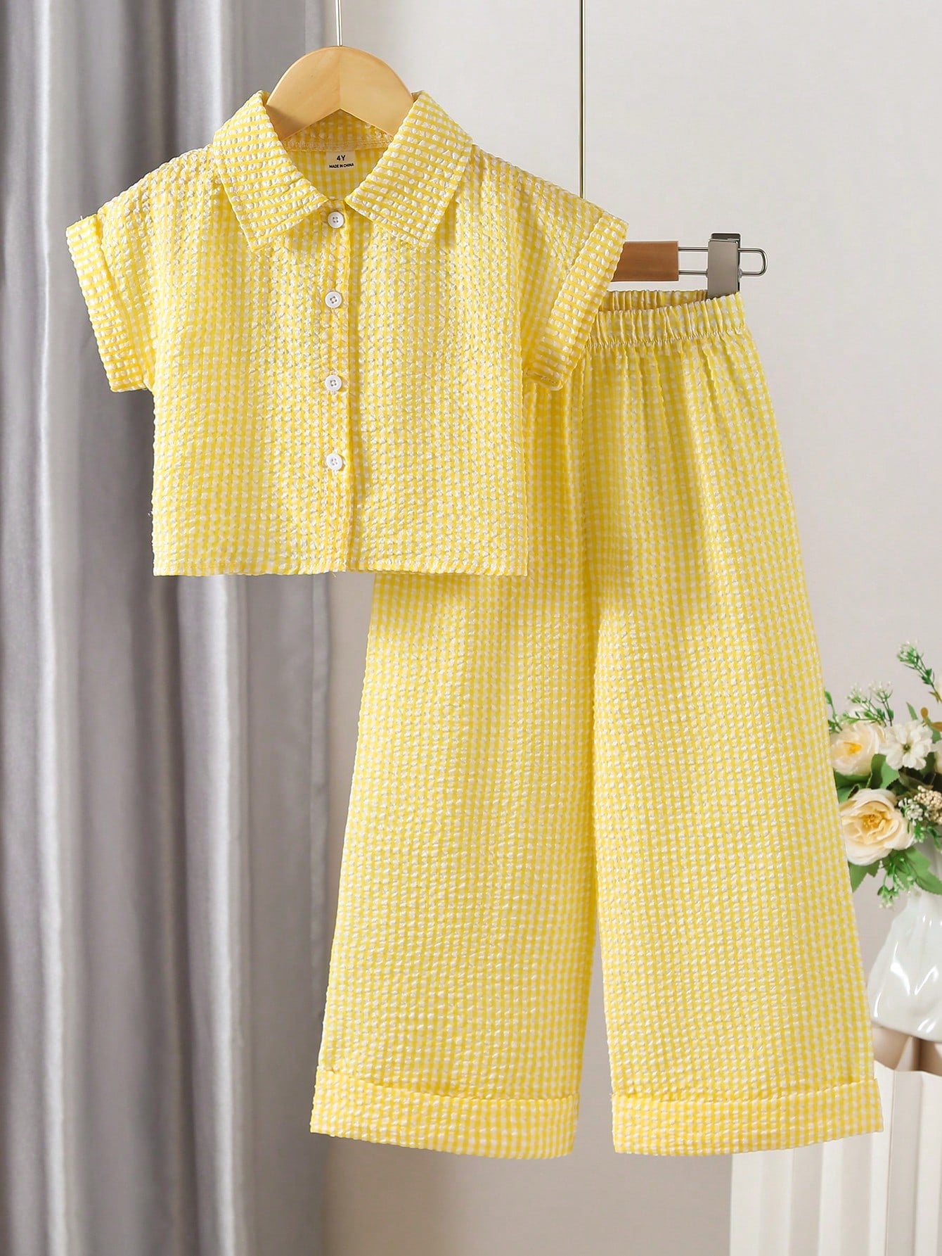 2pcs Little Boys Gingham Seersucker Shirt & Wide-Leg Pants Set - Buttercup