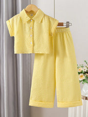 2pcs Little Boys Gingham Seersucker Shirt & Wide-Leg Pants Set - Buttercup