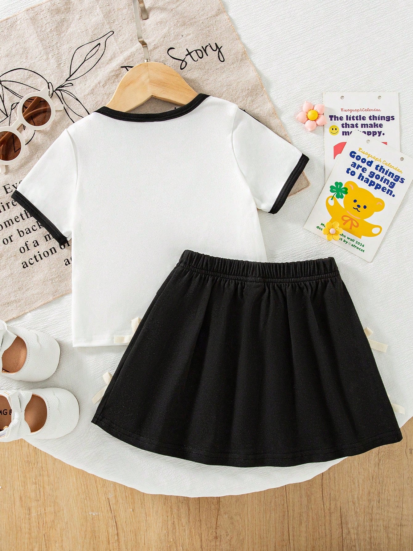 Girls Bow Print Tee & Pleated Skirt Set - Ivory