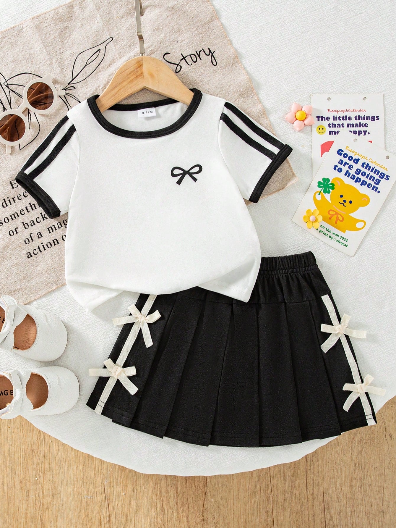 Girls Bow Print Tee & Pleated Skirt Set - Ivory