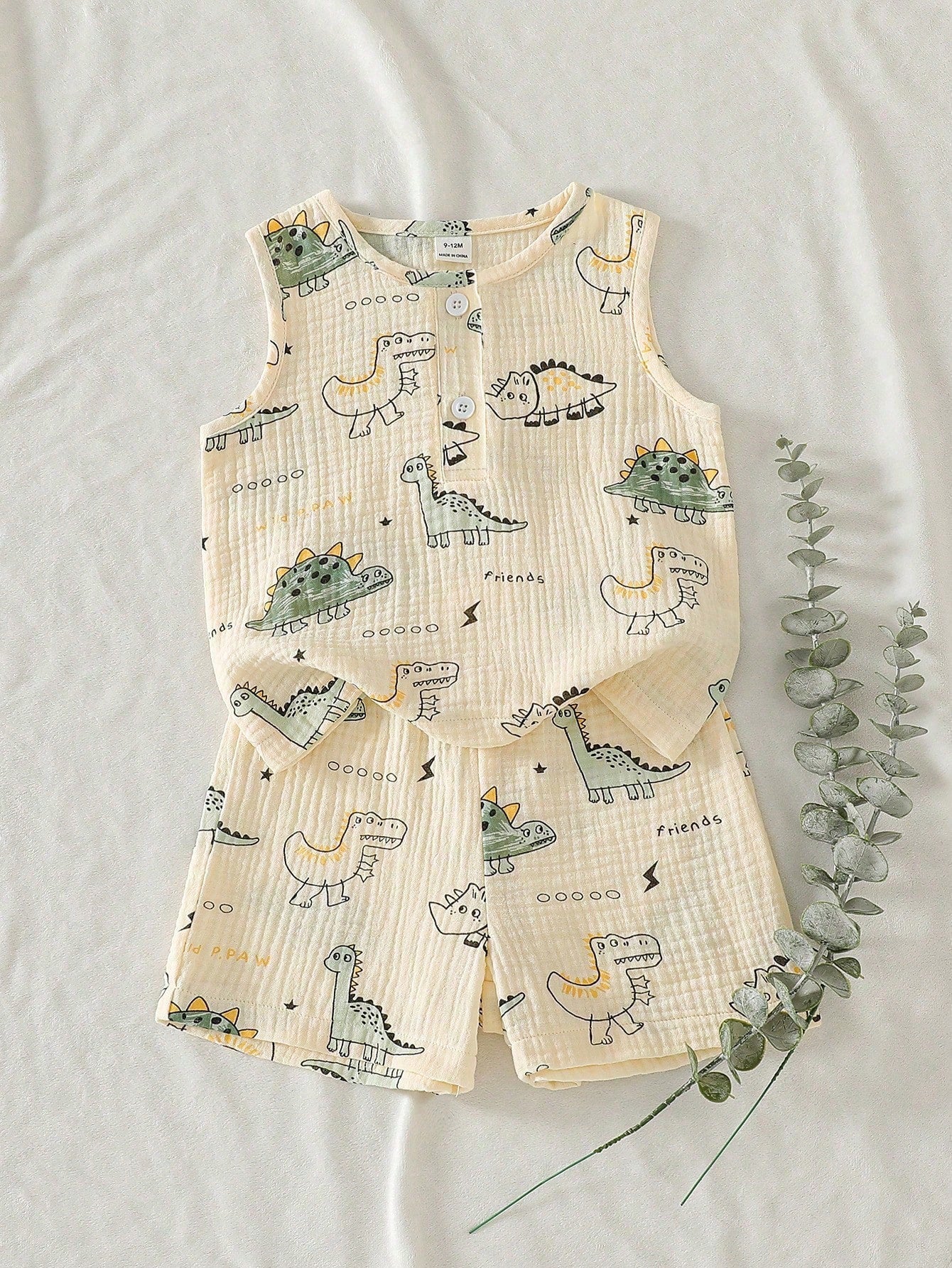 2pcs Boys Dinosaur Print Muslin Vest & Shorts Set - Ecru | 21 Centu...