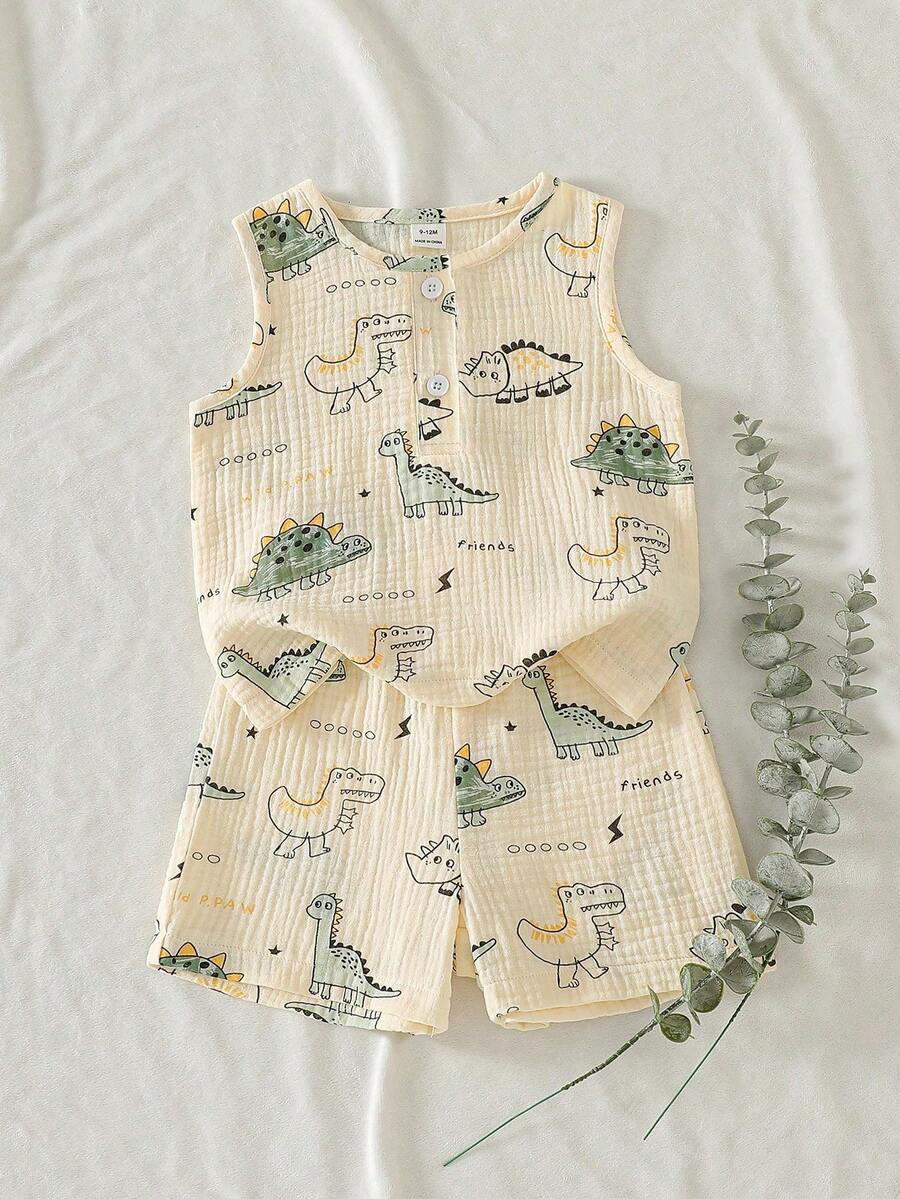 2pcs Boys Dinosaur Print Muslin Vest & Shorts Set - Ecru | 21 Centu...