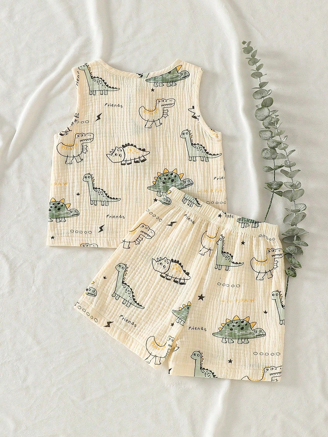 2pcs Boys Dinosaur Print Muslin Vest & Shorts Set - Ecru | 21 Centu...