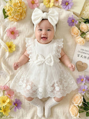 Baby Girls Lace Embroidery Bow Romper Dress - Ivory