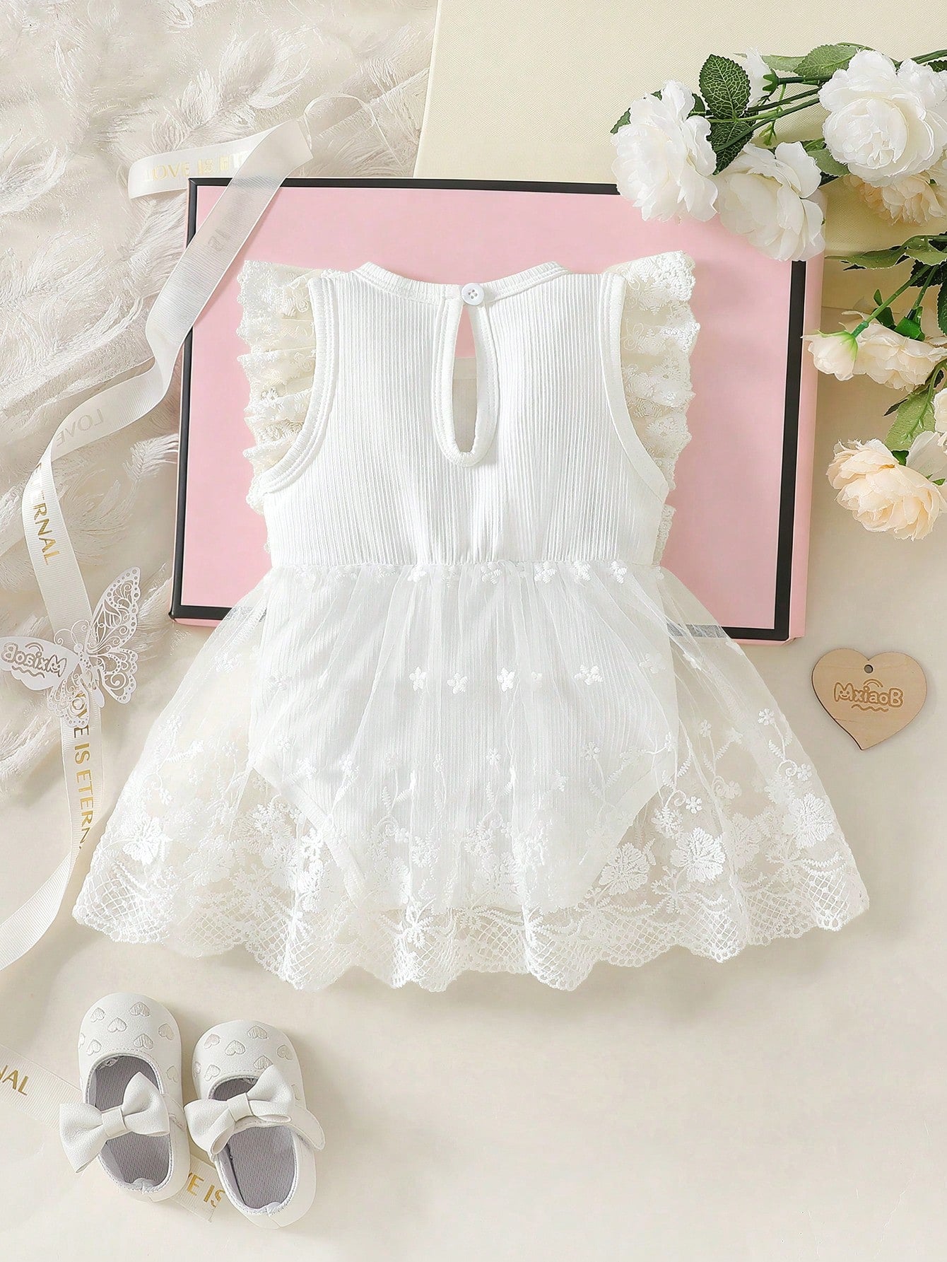 Baby Girls Lace Embroidery Bow Romper Dress - Ivory