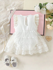 Baby Girls Lace Embroidery Bow Romper Dress - Ivory
