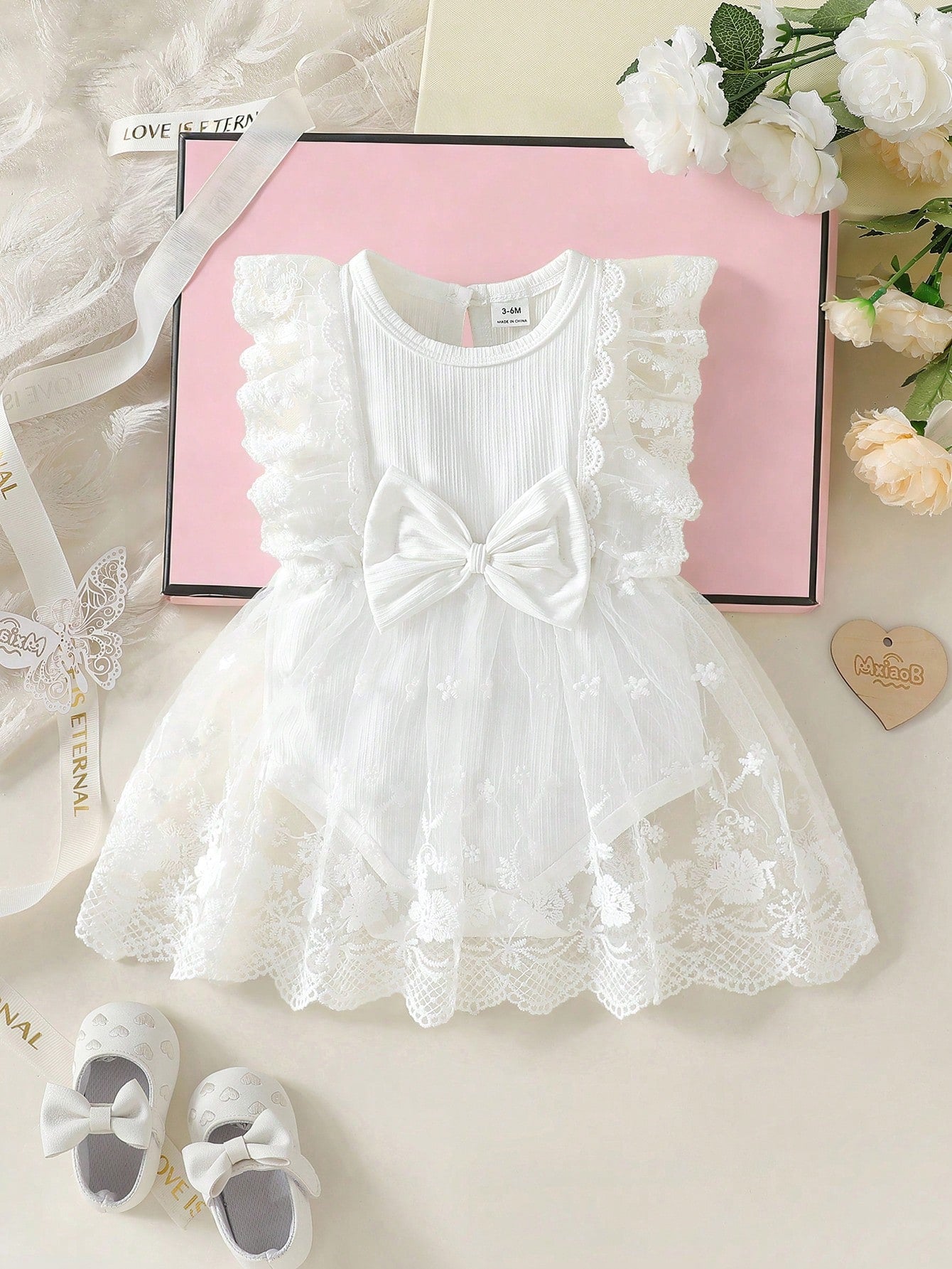 Baby Girls Lace Embroidery Bow Romper Dress - Ivory