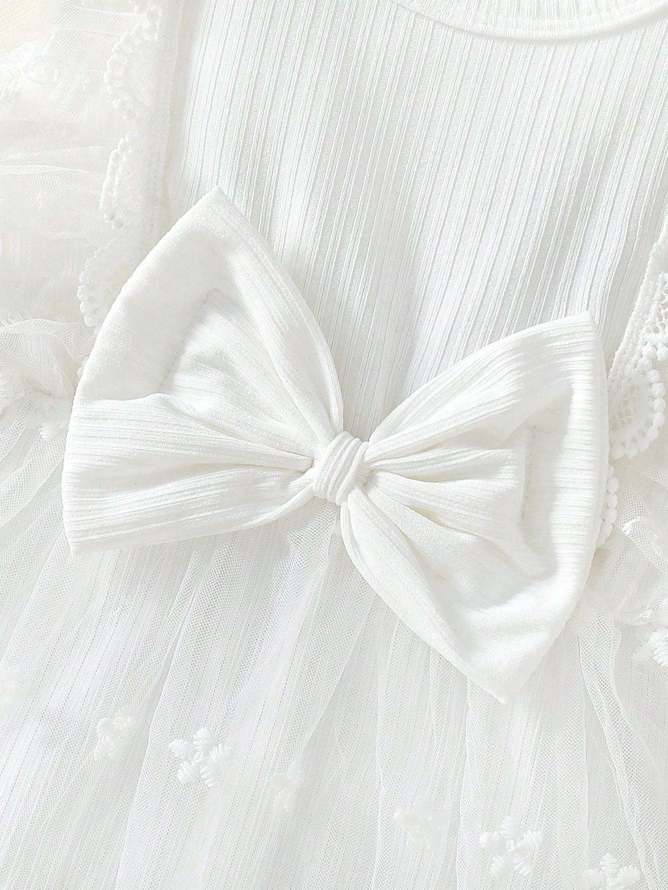 Baby Girls Lace Embroidery Bow Romper Dress - Ivory