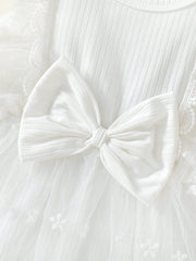 Baby Girls Lace Embroidery Bow Romper Dress - Ivory