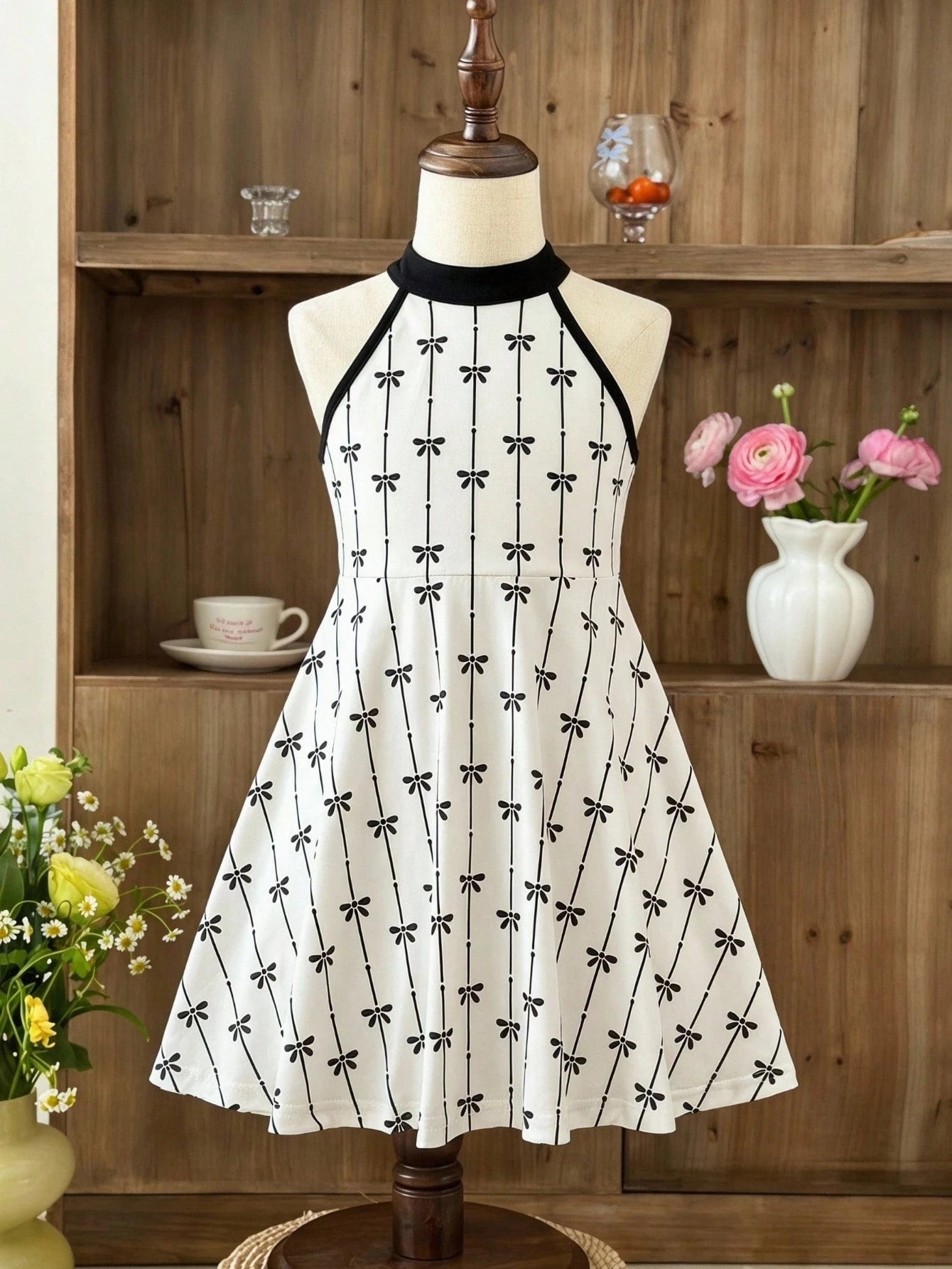 Girls Bow Print Halter Neck Flared A-Line Dress - Ivory