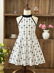 Girls Bow Print Halter Neck Flared A-Line Dress - Ivory
