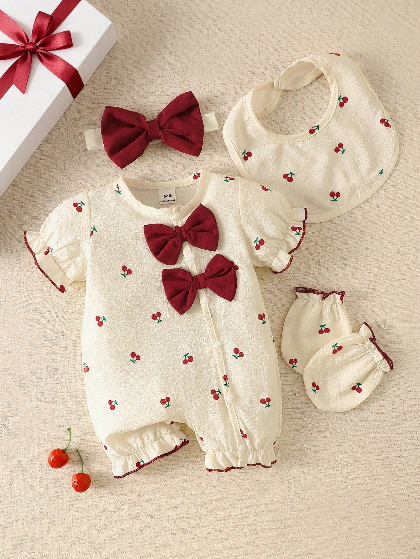 4pcs Baby Girls Cherry Print Romper & Bow Headband Set - Ivory | 21...
