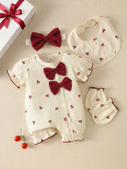 4pcs Baby Girls Cherry Print Romper & Bow Headband Set - Ivory | 21...