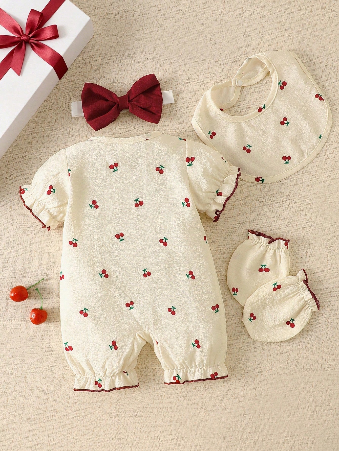 4pcs Baby Girls Cherry Print Romper & Bow Headband Set - Ivory | 21...