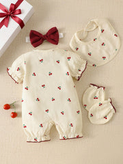 4pcs Baby Girls Cherry Print Romper & Bow Headband Set - Ivory | 21...
