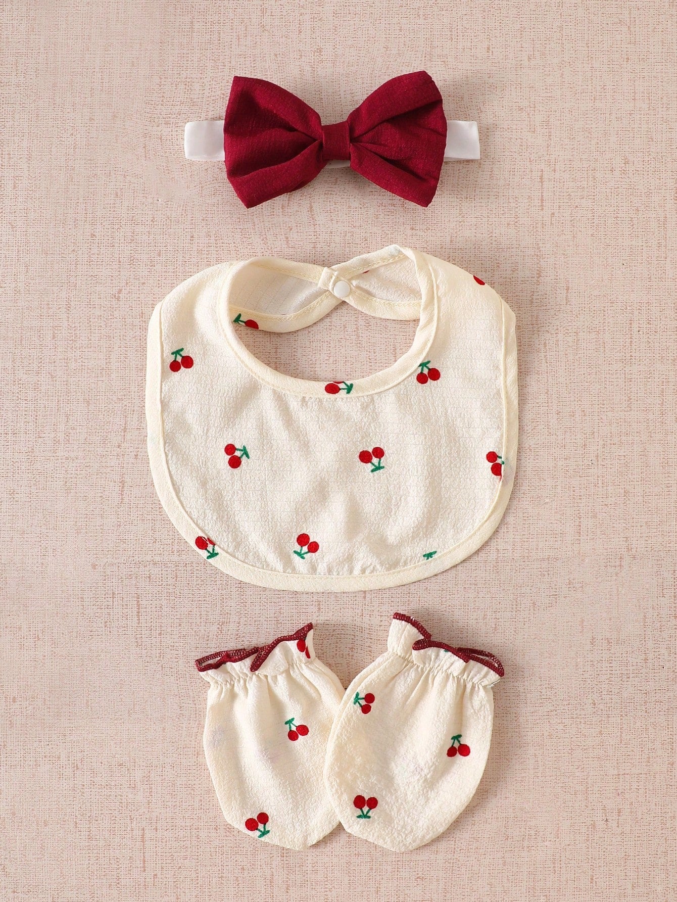 4pcs Baby Girls Cherry Print Romper & Bow Headband Set - Ivory | 21...