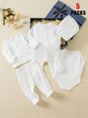 5pcs Baby Boys Sleepsuit Bodysuit & Footed Pants Set - Ivory | 21 C...