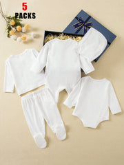 5pcs Baby Boys Sleepsuit Bodysuit & Footed Pants Set - Ivory | 21 C...