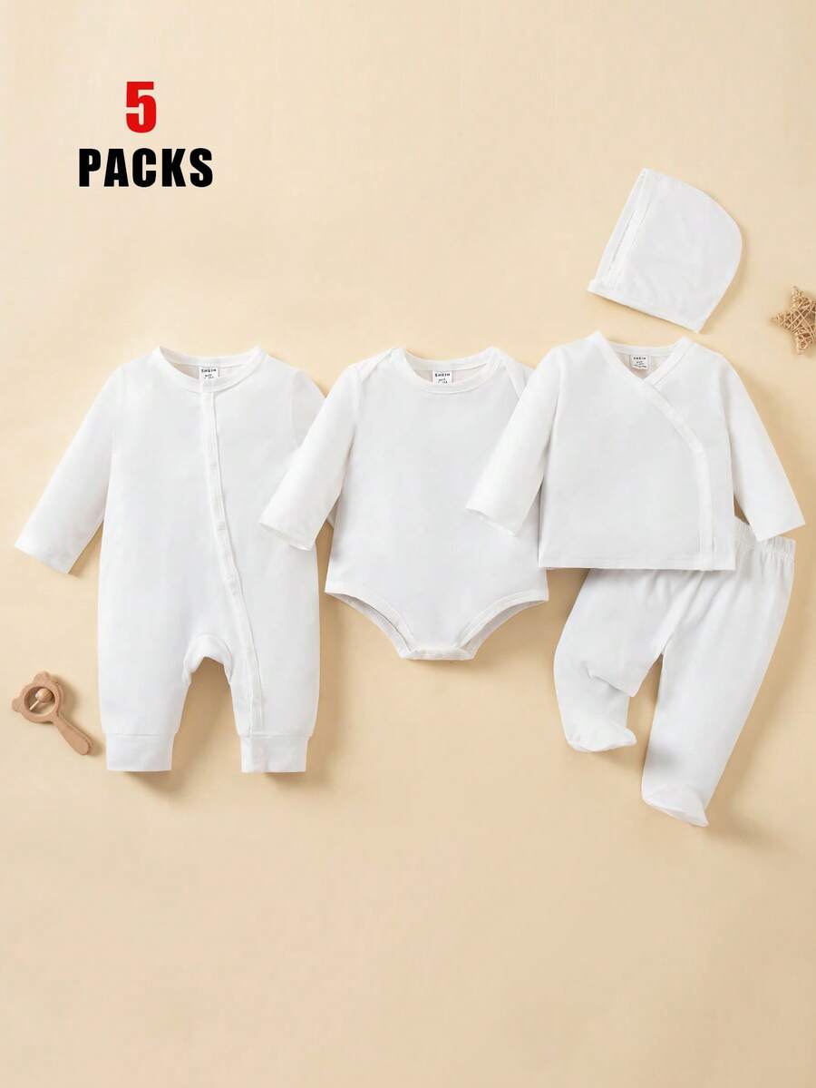5pcs Baby Boys Sleepsuit Bodysuit & Footed Pants Set - Ivory | 21 C...