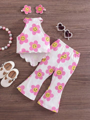 2pcs Girls Smiley Floral Halter Top & Flare Pants Set - Ivory | 21 ...