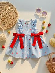 Girls Strawberry Print Ruffle Flutter Sleeve Bow Dress - Powder Blu...