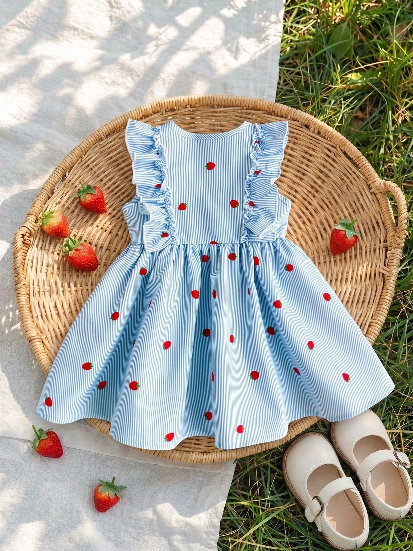 Girls Strawberry Print Ruffle Flutter Sleeve Bow Dress - Powder Blu...