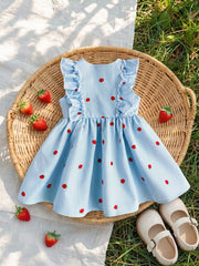 Girls Strawberry Print Ruffle Flutter Sleeve Bow Dress - Powder Blu...