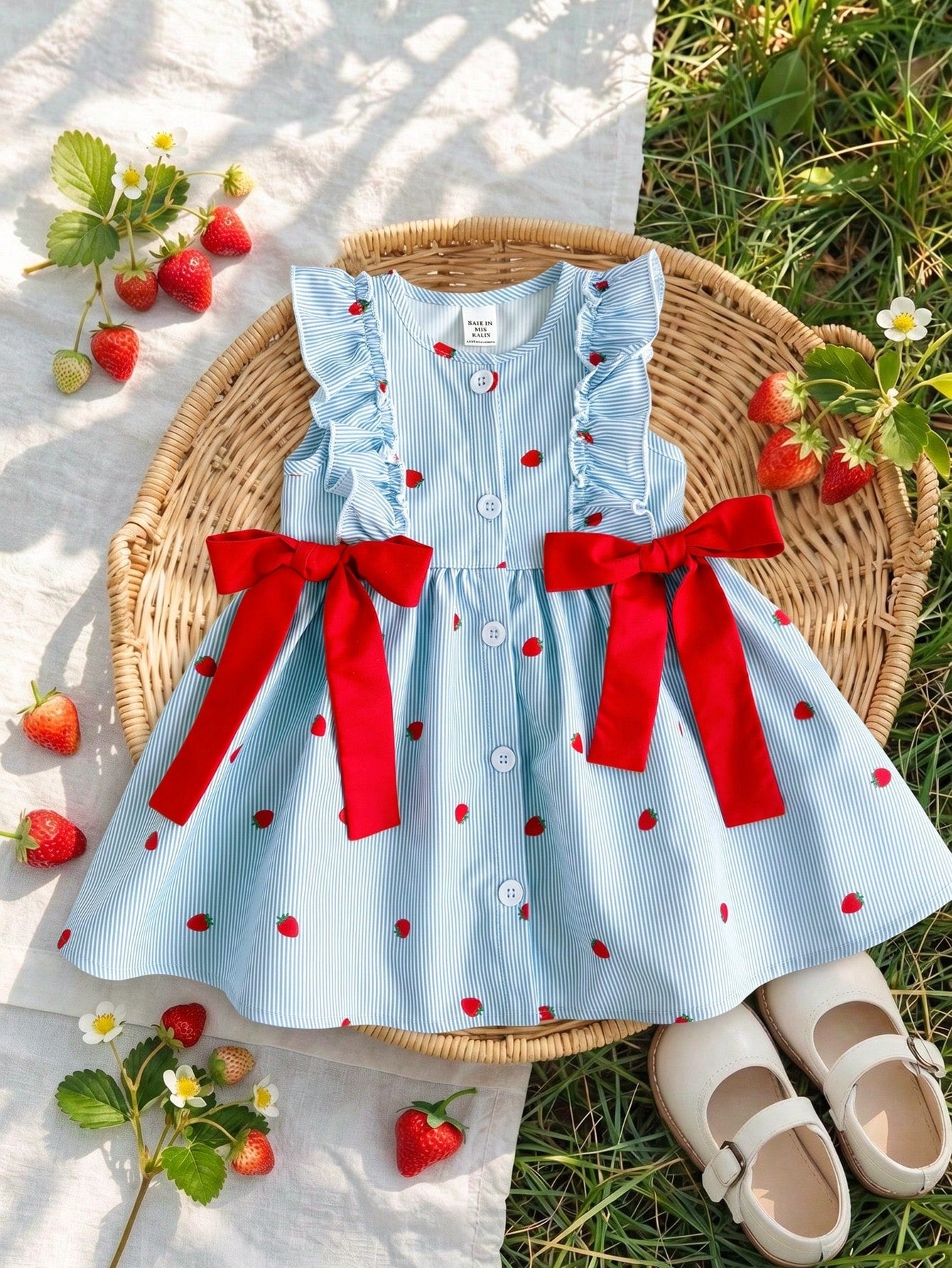 Girls Strawberry Print Ruffle Flutter Sleeve Bow Dress - Powder Blu...