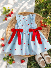 Girls Strawberry Print Ruffle Flutter Sleeve Bow Dress - Powder Blu...