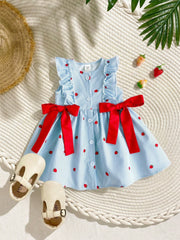 Girls Strawberry Print Ruffle Flutter Sleeve Bow Dress - Powder Blu...