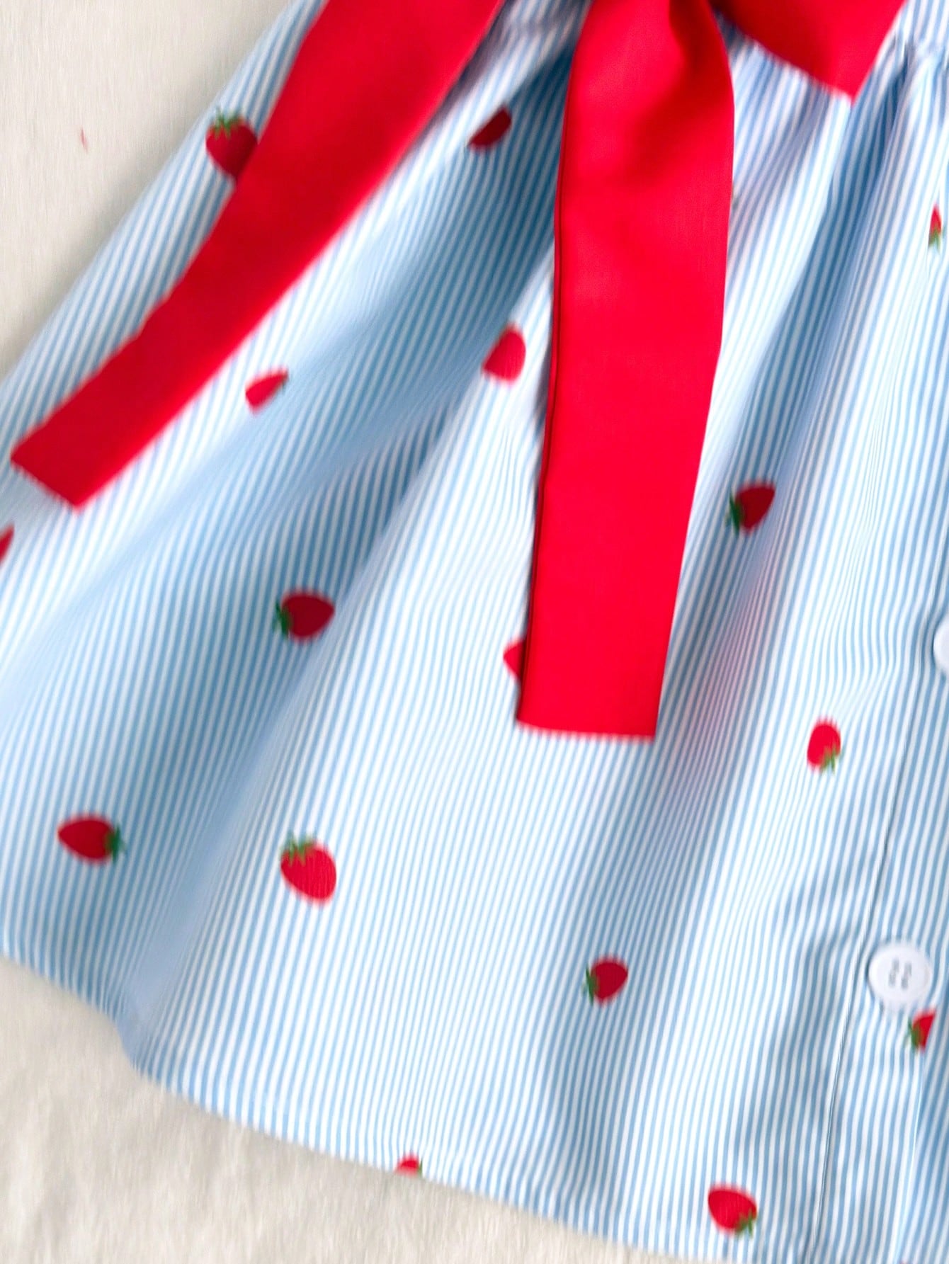 Girls Strawberry Print Ruffle Flutter Sleeve Bow Dress - Powder Blu...