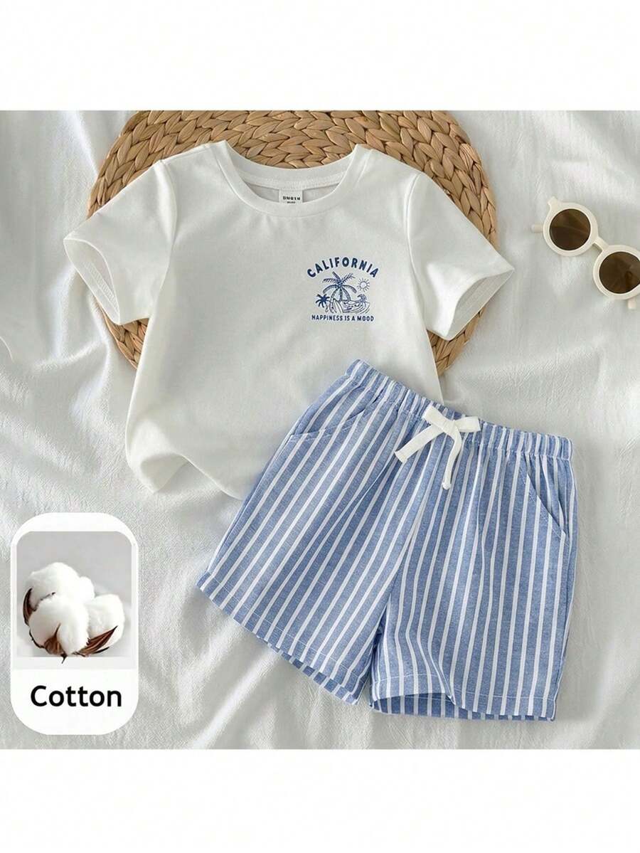 2pcs Boys California Graphic Tee & Striped Shorts Set - Ivory