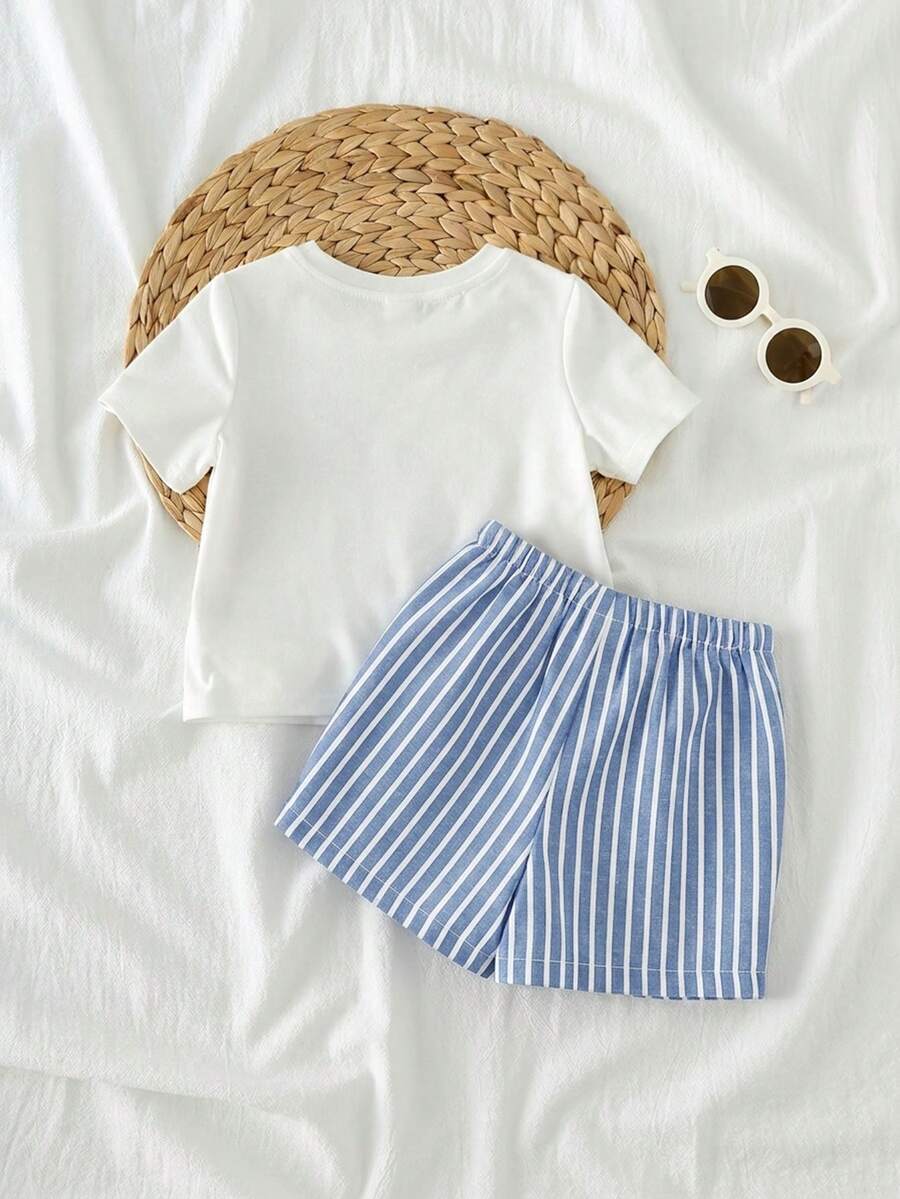2pcs Boys California Graphic Tee & Striped Shorts Set - Ivory