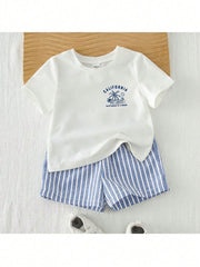 2pcs Boys California Graphic Tee & Striped Shorts Set - Ivory