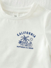 2pcs Boys California Graphic Tee & Striped Shorts Set - Ivory