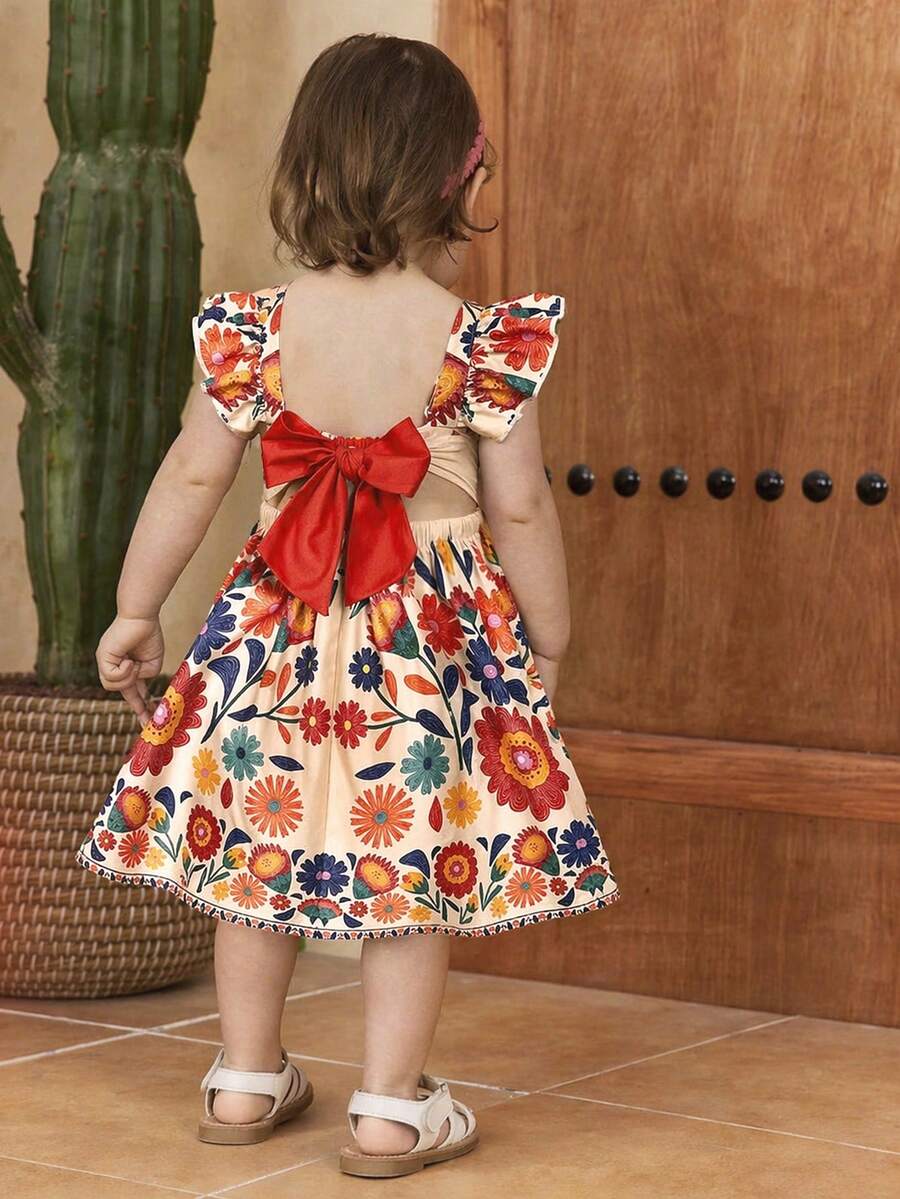 Girls Botanical Floral Flutter Sleeve Bow-Back Dress - Isabelline |...
