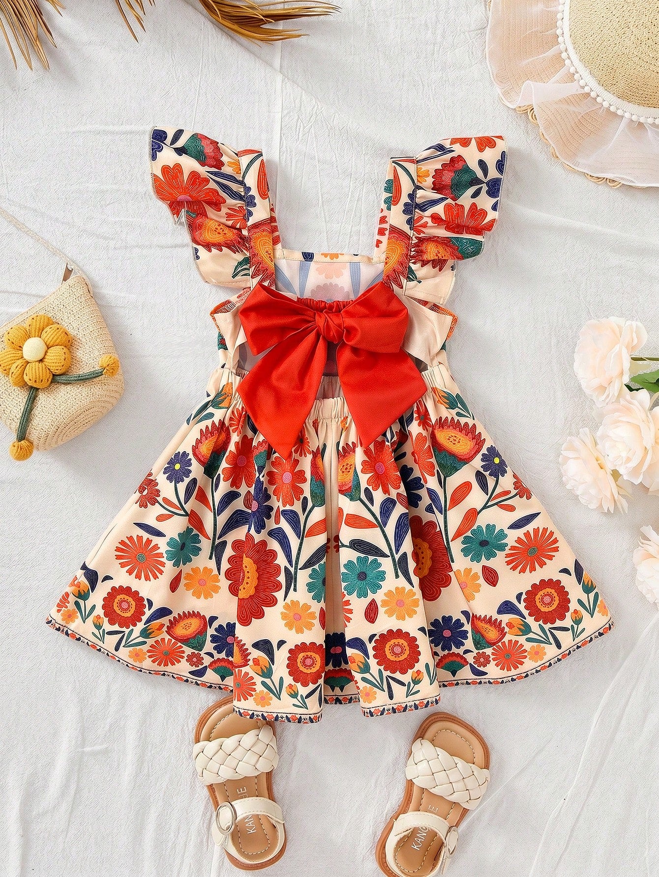 Girls Botanical Floral Flutter Sleeve Bow-Back Dress - Isabelline |...